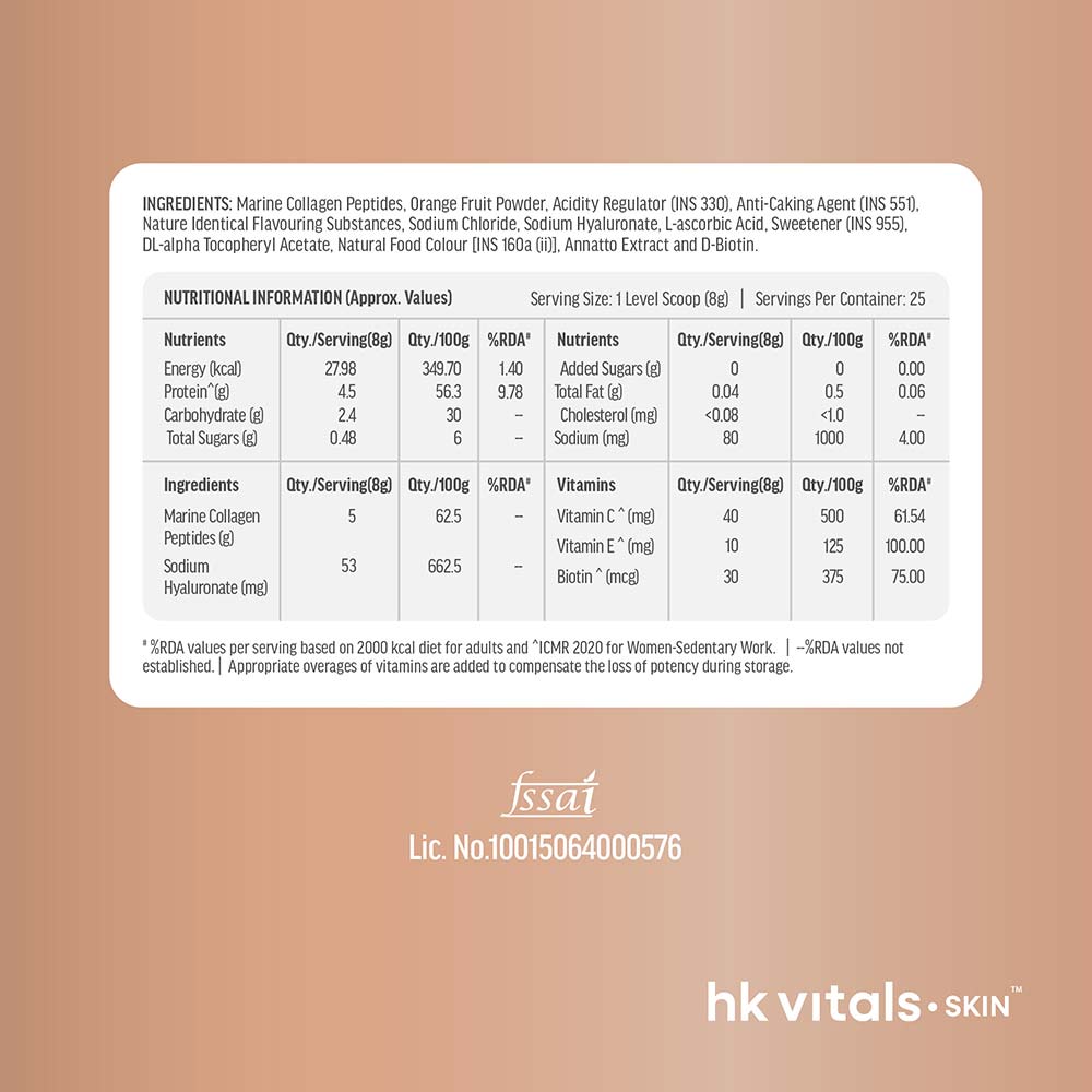 Hk vitals Skin Radiance Marine Collagen Supplement (Orange,200g)|Vitamin C,E,Sodium Hyaluronate|For Healthy Skin,Hair & Nails,powder,1 count,25 Servings - Image 8