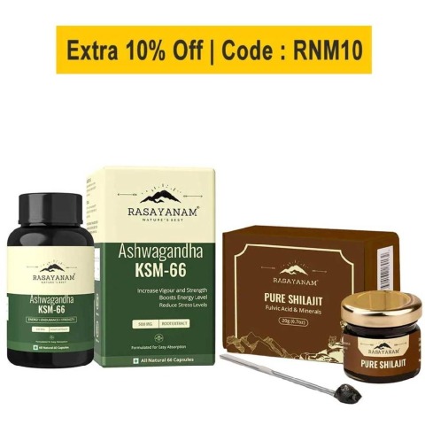 Rasayanam Ashwagandha KSM-66 60 Capsules & Pure Himalayan Shilajit Combo,  20 g 