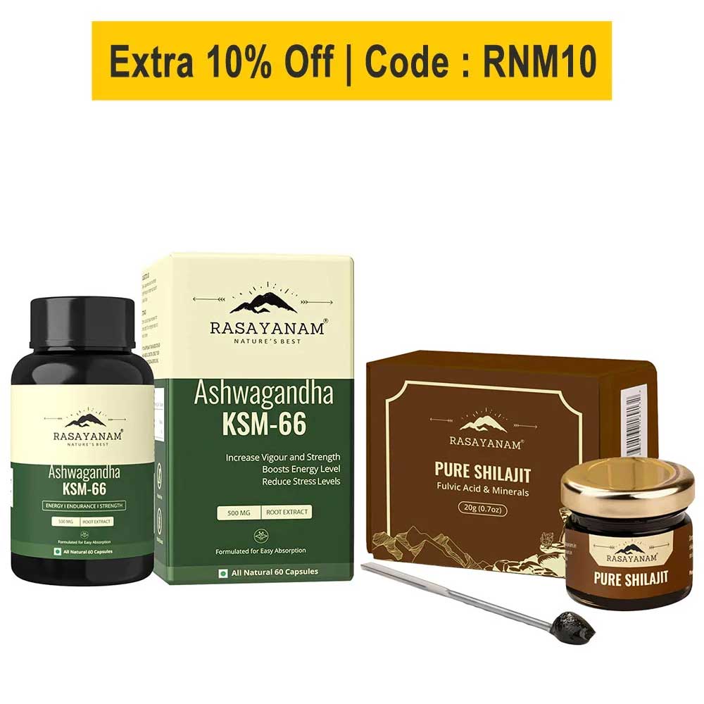 Rasayanam Ashwagandha KSM-66 60 Capsules & Pure Himalayan Shilajit Combo,  20 g 