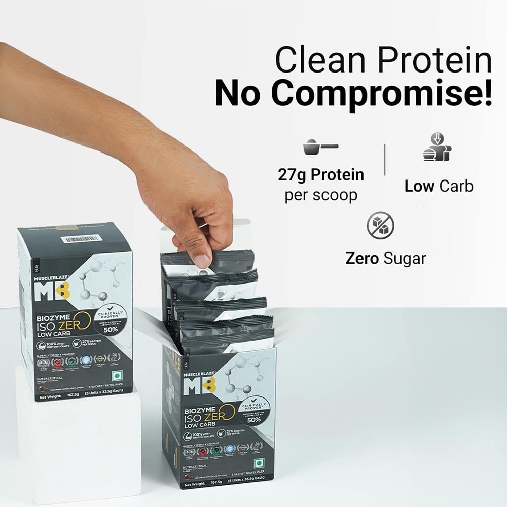 10 - MuscleBlaze Biozyme Iso-Zero,  0.37 lb  Low carb Ice Cream Chocolate (5x36g) Travel Pack