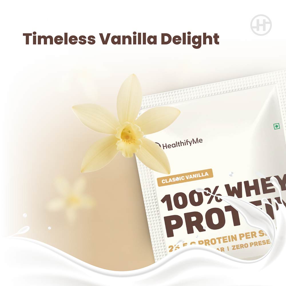 5 - HealthifyMe 100% Whey Protein,  5 sachets/pack  Classic Vanilla 