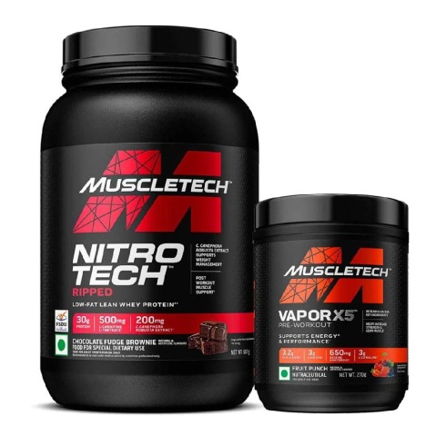 1 - MuscleTech Performance Series NitroTech Ripped 2 lb Chocolate Fudge Brownie (India) & Vapor X5 Combo, 0.59 lb Fruit Punch