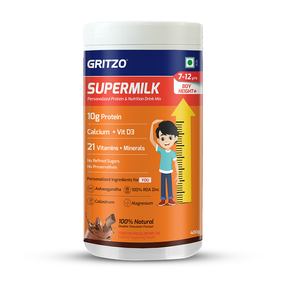 Supermilk Gritzo Height+ for Boy 7-12 Yrs Personalized Protein & Nutrition Drink Mix,  400 g  Double Chocolate 