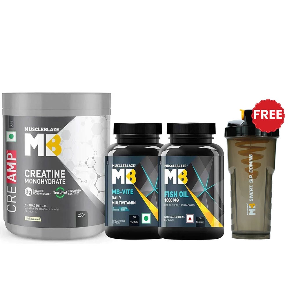 MuscleBlaze Creatine Monohydrate CreAMP 0.55 lb & Fish Oil & MB-VITE 30 Tabs Combo