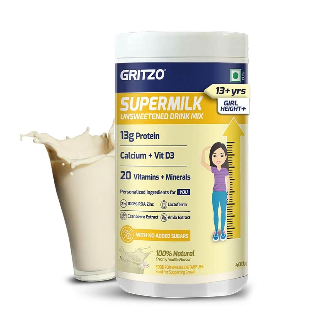 Supermilk Gritzo Height+ Unsweetened for 13+ Yrs Girl Personalized Protein and Nutrition Drink Mix, 400 g Creamy Pink Vanilla