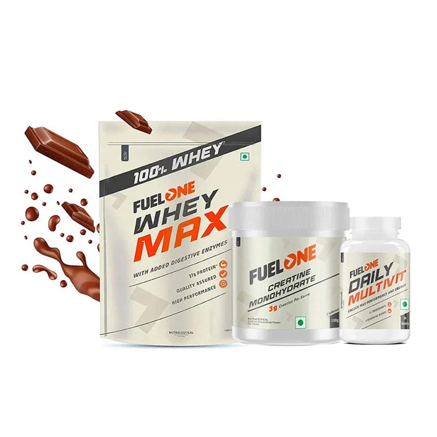 Fuel One Whey Max 1kg Chocolate (Pouch) & Creatine Monohydrate 100g & Daily Multivitamin 30 Tabs Combo