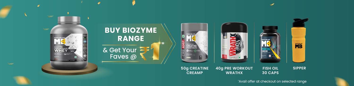 Buy Biozyme Whey 2kg & 4kg Range | Get Anyone @ Rs 1 - Fish Oil 30 Caps, Creatine 50g, WrathX 40g Fruit Fury and Sipper Bottle