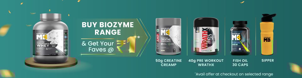 Buy Biozyme Whey 2kg & 4kg Range | Get Anyone @ Rs 1 - Fish Oil 30 Caps, Creatine 50g, WrathX 40g Fruit Fury and Sipper Bottle