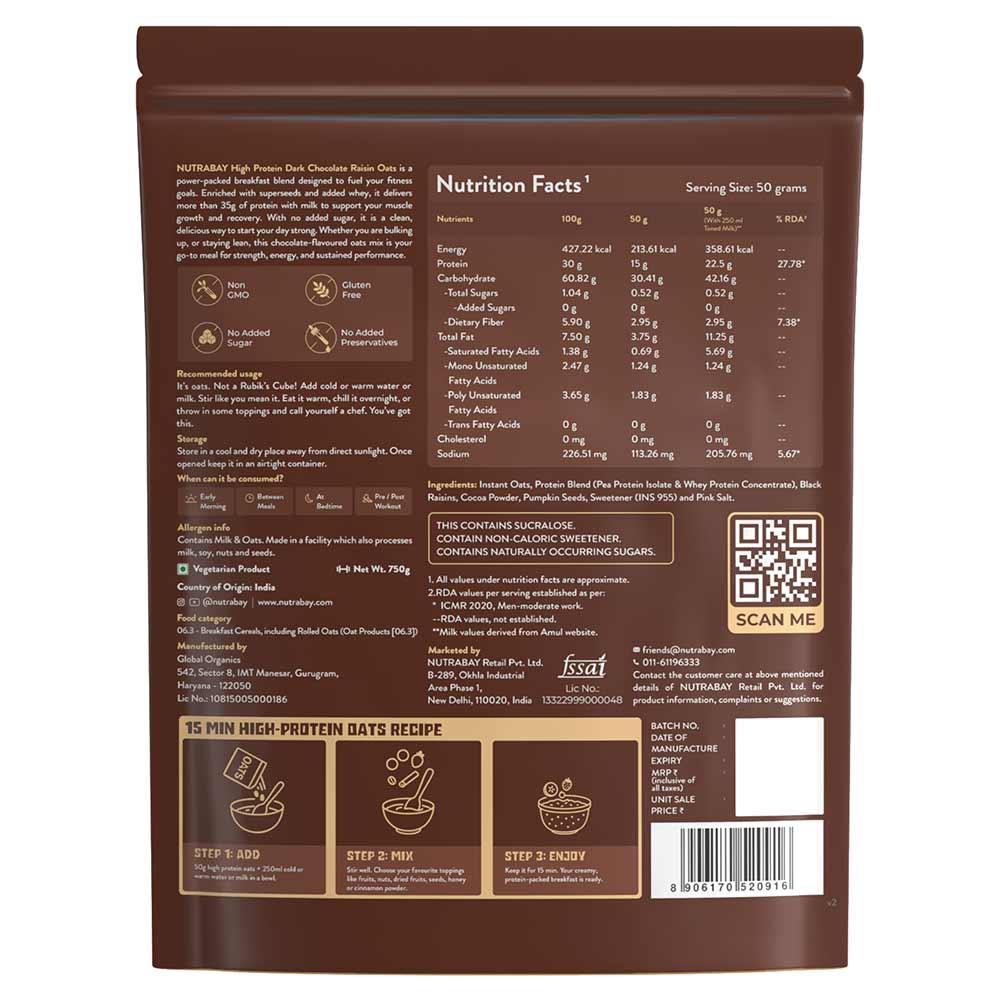 6 - Nutrabay High Protein Oats,  750 g  Dark Chocolate 