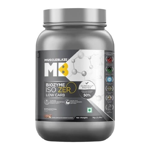 1 - MuscleBlaze Biozyme Iso-Zero Powder,  2.2 lb  Low Carb Swiss Chocolate Hazelnut - Low Sweetness 