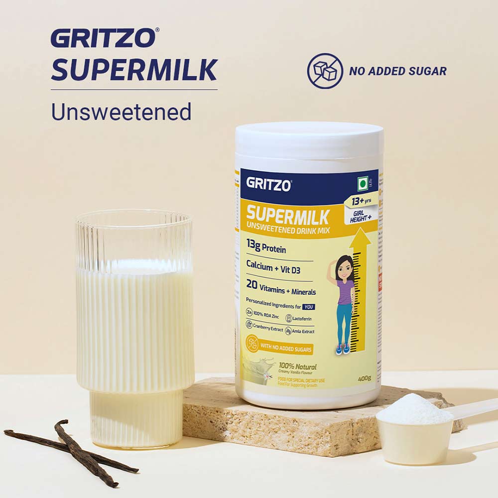 2 - Supermilk Height+ Unsweetened for 13+ Yrs Girl Personalized Protein and Nutrition Drink Mix,  400 g  Creamy Pink Vanilla