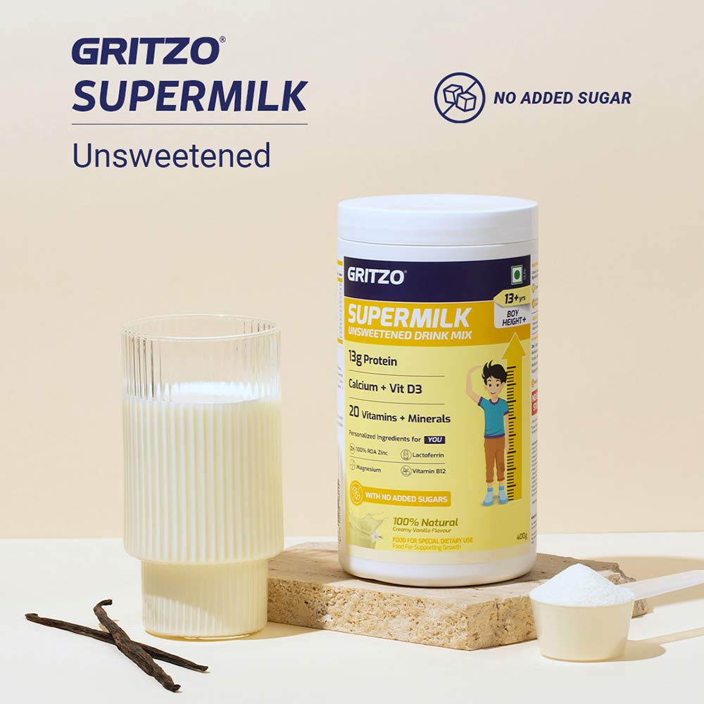 2 - Supermilk Height+ Unsweetened for 13+ Yrs Boy Personalized Protein and Nutrition Drink Mix,  400 g  Creamy Vanilla