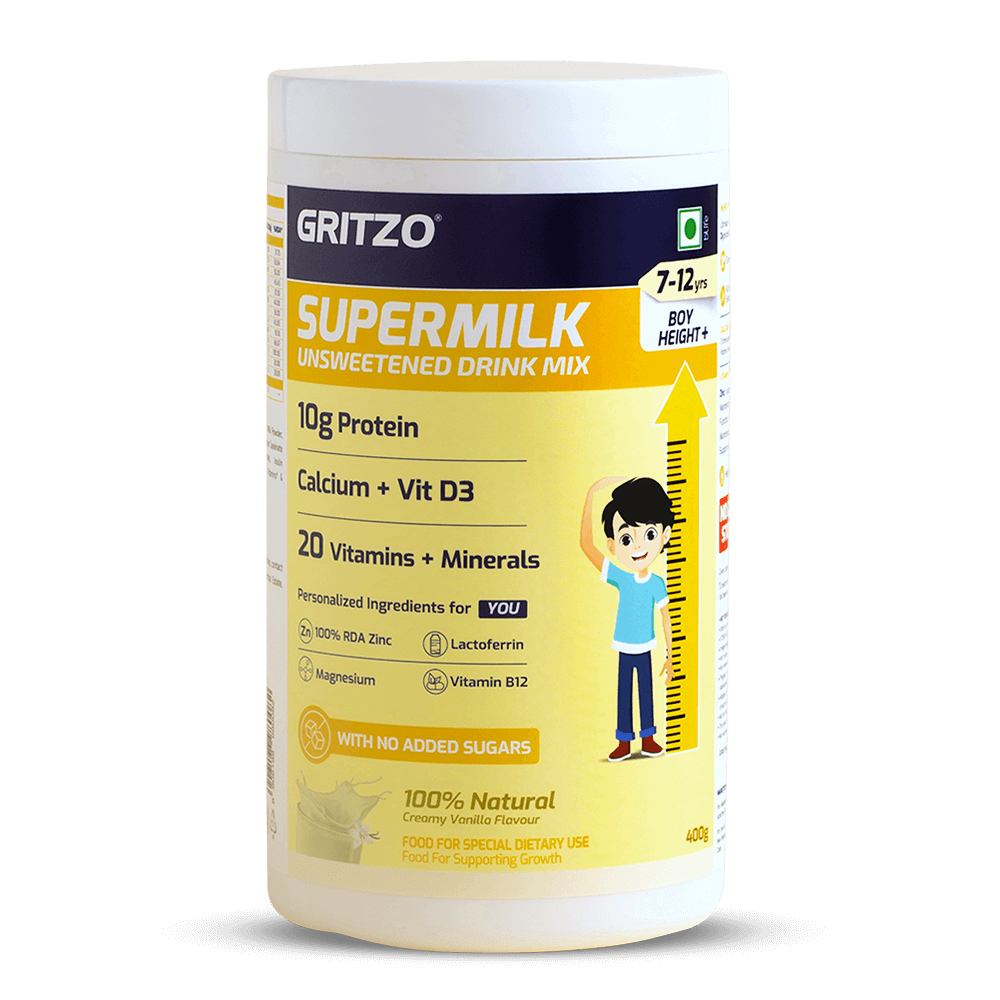 1 - Supermilk Height+ Unsweetened for 7-12 Yrs Boy Personalized Protein and Nutrition Drink Mix,  400 g  Creamy Vanilla 