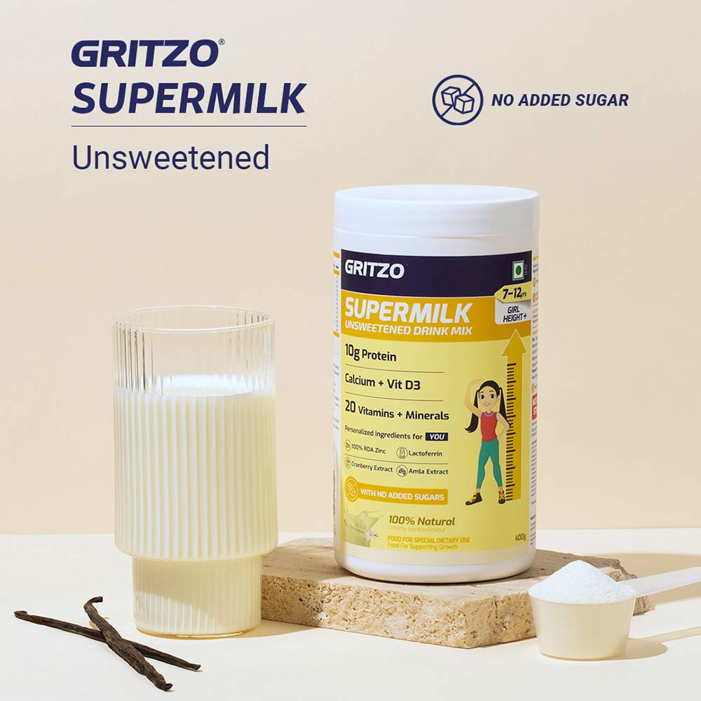 2 - Supermilk Gritzo Height+ Unsweetened for 7-12 Yrs Girl Personalized Protein and Nutrition Drink Mix,  400 g  Creamy Vanilla