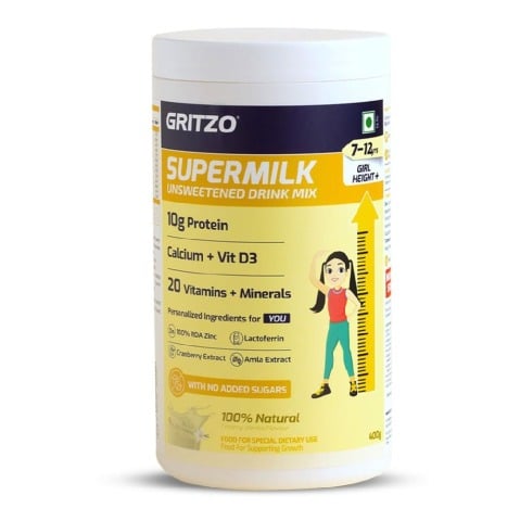 10 - Supermilk Gritzo Height+ Unsweetened for 7-12 Yrs Girl Personalized Protein and Nutrition Drink Mix,  400 g  Creamy Vanilla 