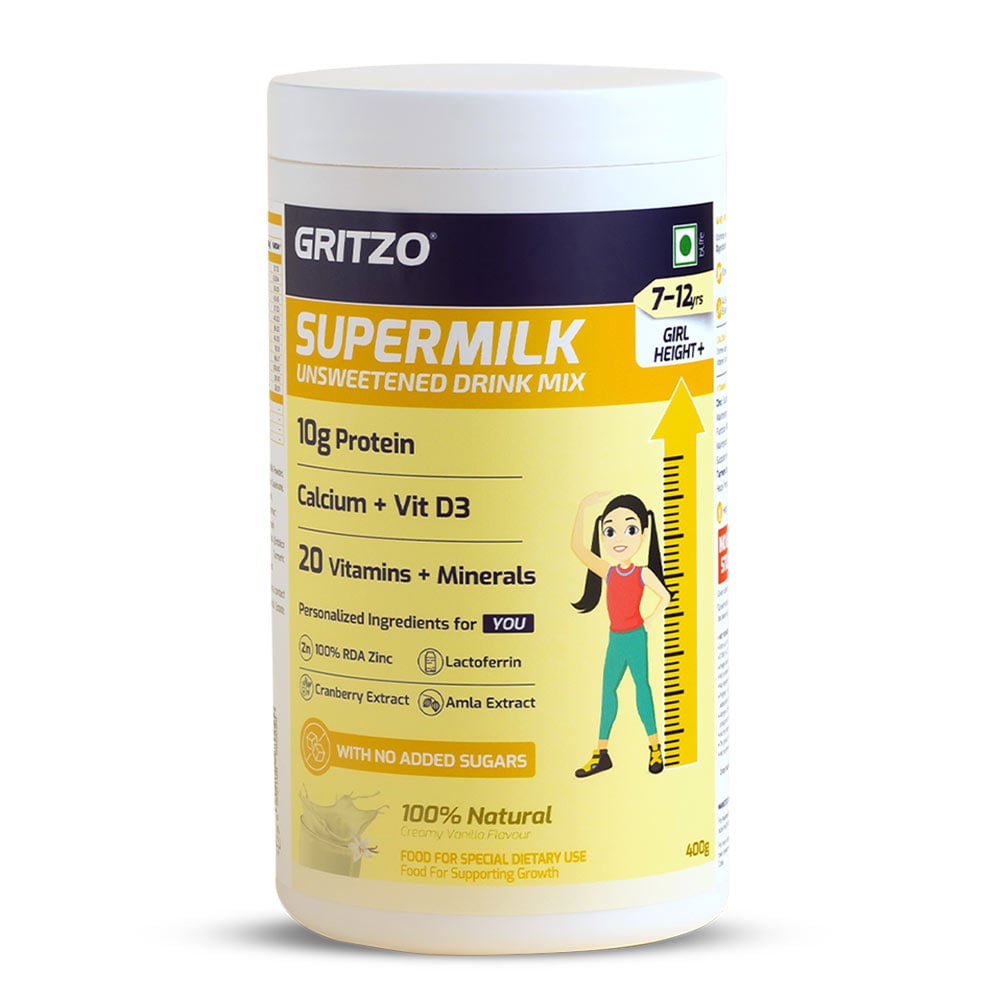 10 - Supermilk Gritzo Height+ Unsweetened for 7-12 Yrs Girl Personalized Protein and Nutrition Drink Mix,  400 g  Creamy Vanilla 