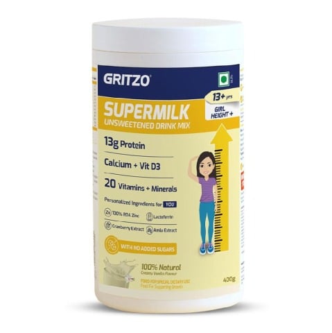 10 - Supermilk Gritzo Height+ Unsweetened for 13+ Yrs Girl Personalized Protein and Nutrition Drink Mix,  400 g  Creamy Pink Vanilla 