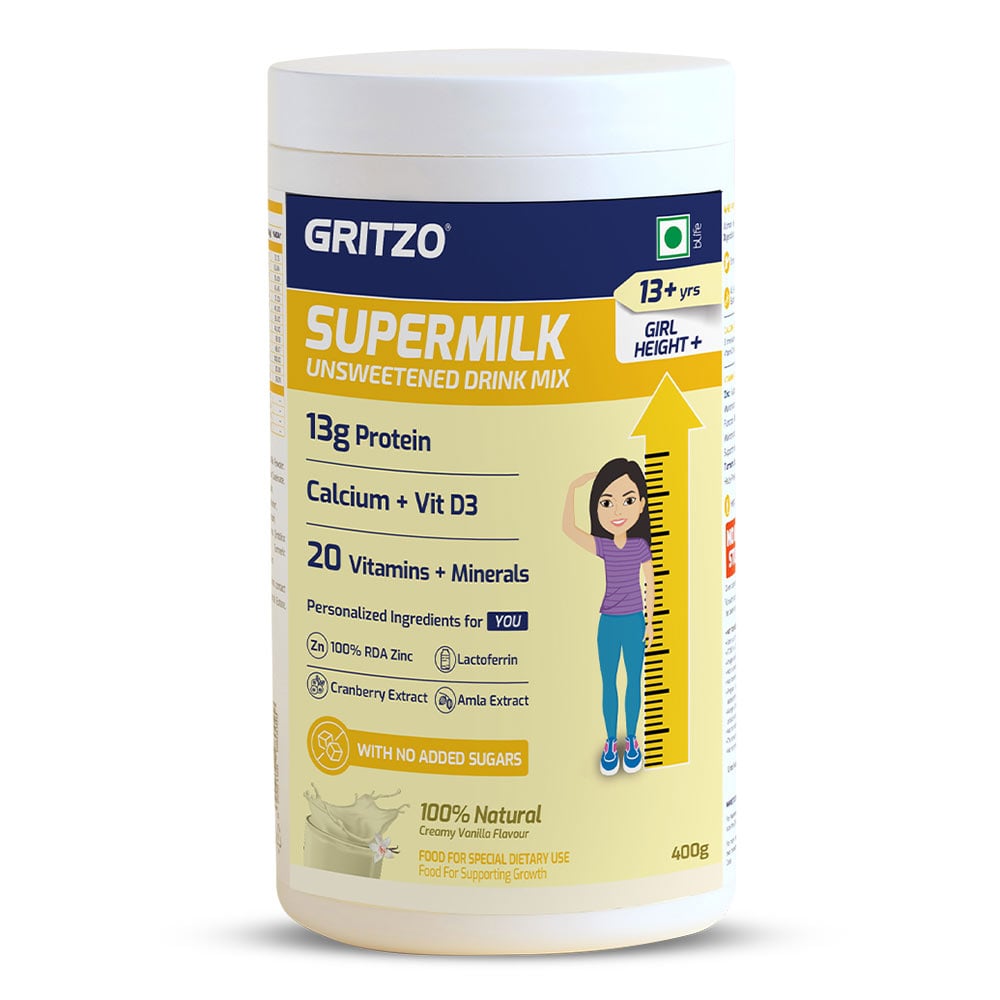 10 - Supermilk Gritzo Height+ Unsweetened for 13+ Yrs Girl Personalized Protein and Nutrition Drink Mix,  400 g  Creamy Pink Vanilla 