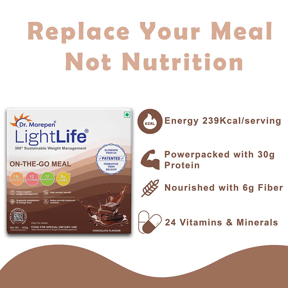 3 - Dr. Morepen LightLife Power Plan,  50 sachets/pack  Pre-Meal Nutrition Mix flavour Assorted & On-The-Go Meal 10 Sachets flavour Chocolate 