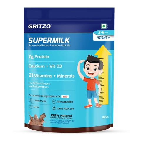 1 - Supermilk Gritzo Height+ for Boy/Girl 2-6 Yrs Personalized Protein & Nutrition Drink Mix,  800 g  Double Chocolate 