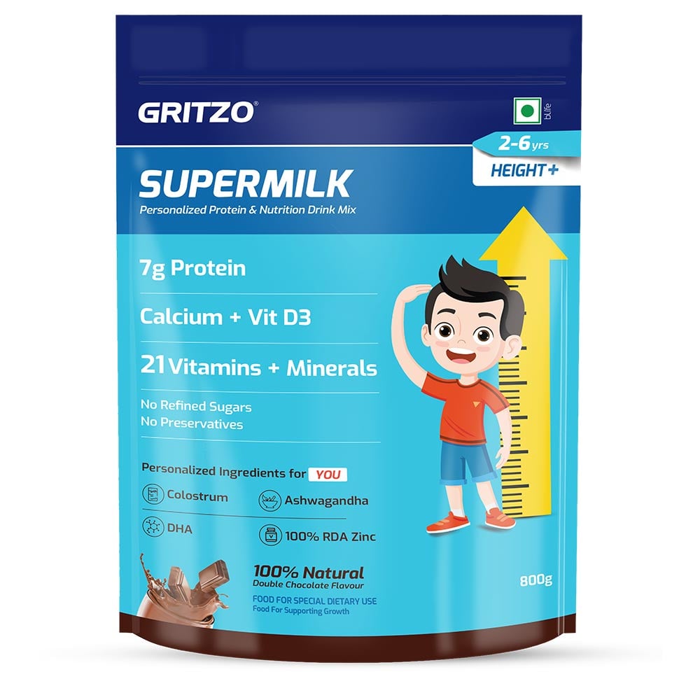 1 - Supermilk Gritzo Height+ for Boy/Girl 2-6 Yrs Personalized Protein & Nutrition Drink Mix,  800 g  Double Chocolate 