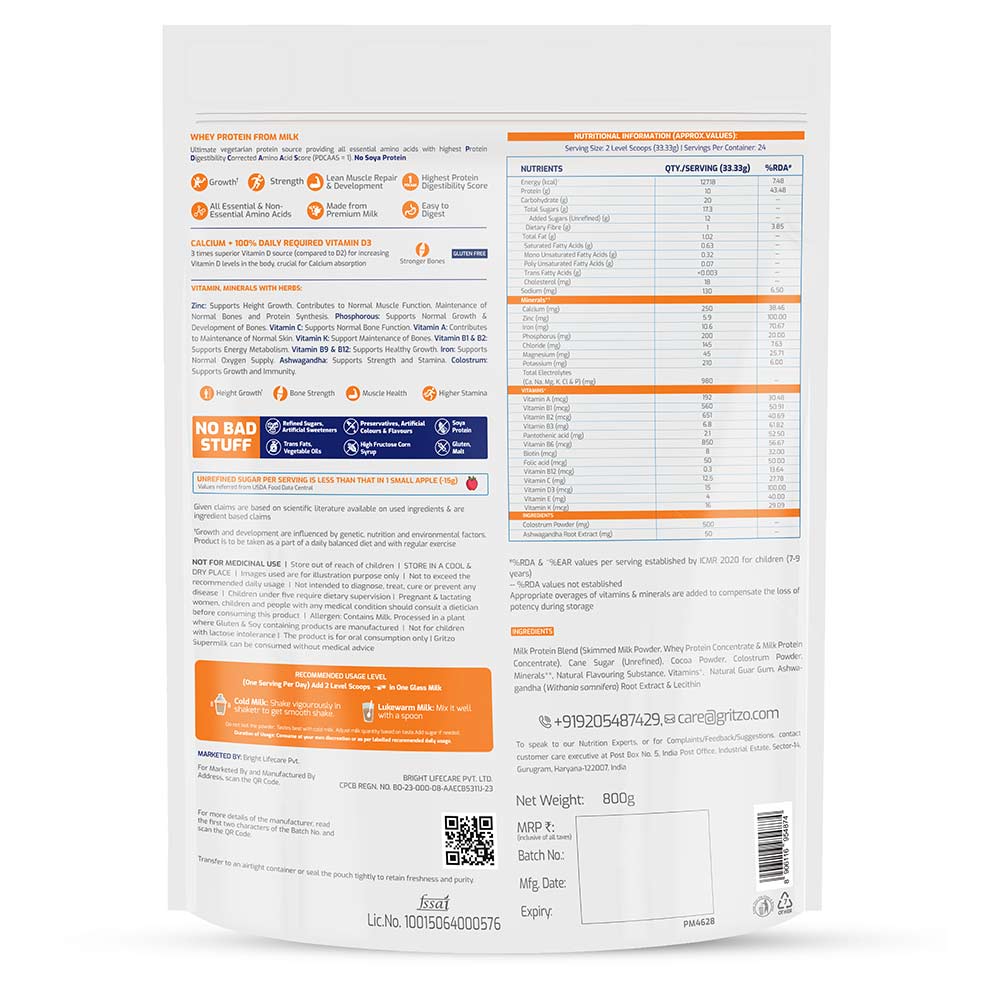 2 - Supermilk Gritzo Height+ for Boy 7-12 Yrs Personalized Protein & Nutrition Drink Mix,  800 g  Double Chocolate 