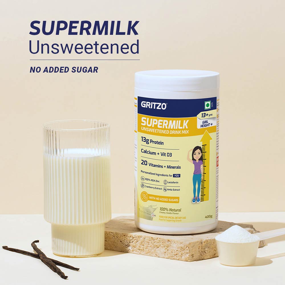 Supermilk Height+ Unsweetened for 13+ Yrs Girl Personalized Protein and Nutrition Drink Mix,  400 g  Creamy Vanilla