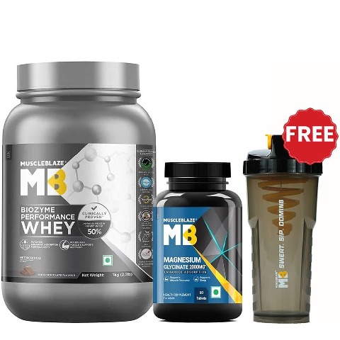 MuscleBlaze Biozyme Performance Whey 1kg Rich Chocolate & Magnesium Glycinate 60 Tabs