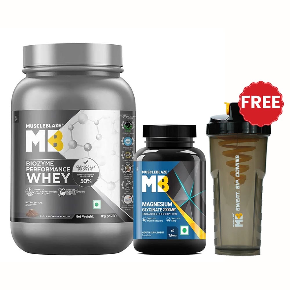 MuscleBlaze Biozyme Performance Whey 1kg Rich Chocolate & Magnesium Glycinate 60 Tabs