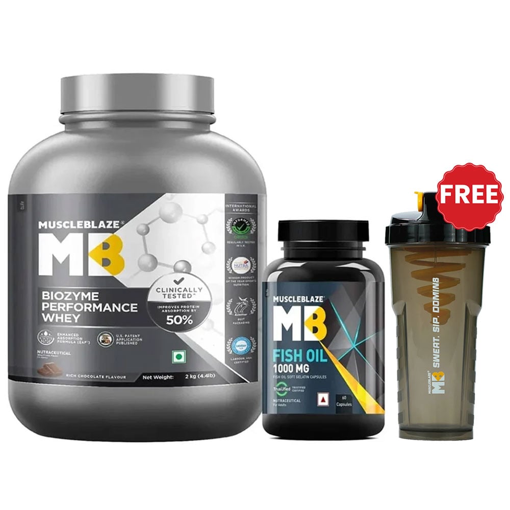 MuscleBlaze Biozyme Performance Whey 2 kg Rich Chocolate & Fish Oil 60 Caps Combo