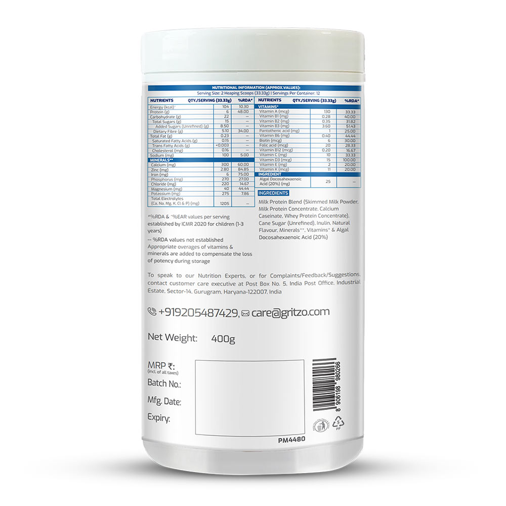 9 - Gritzo Supermilk Personalized Protein and Nutrition Drink Mix for 2-6 y Girl Overall Growth,  300 g  Creamy Vanilla