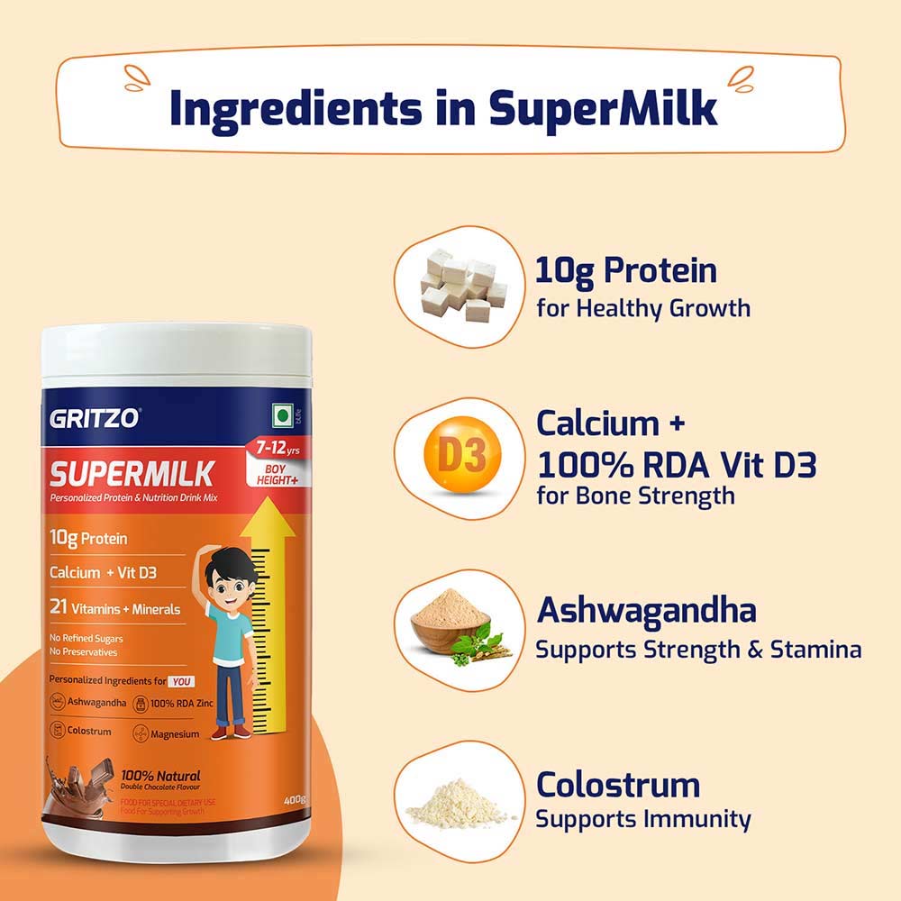 9 - Supermilk Gritzo Height+ for Boy 7-12 Yrs Personalized Protein & Nutrition Drink Mix Powder,  400 g  Double Chocolate 