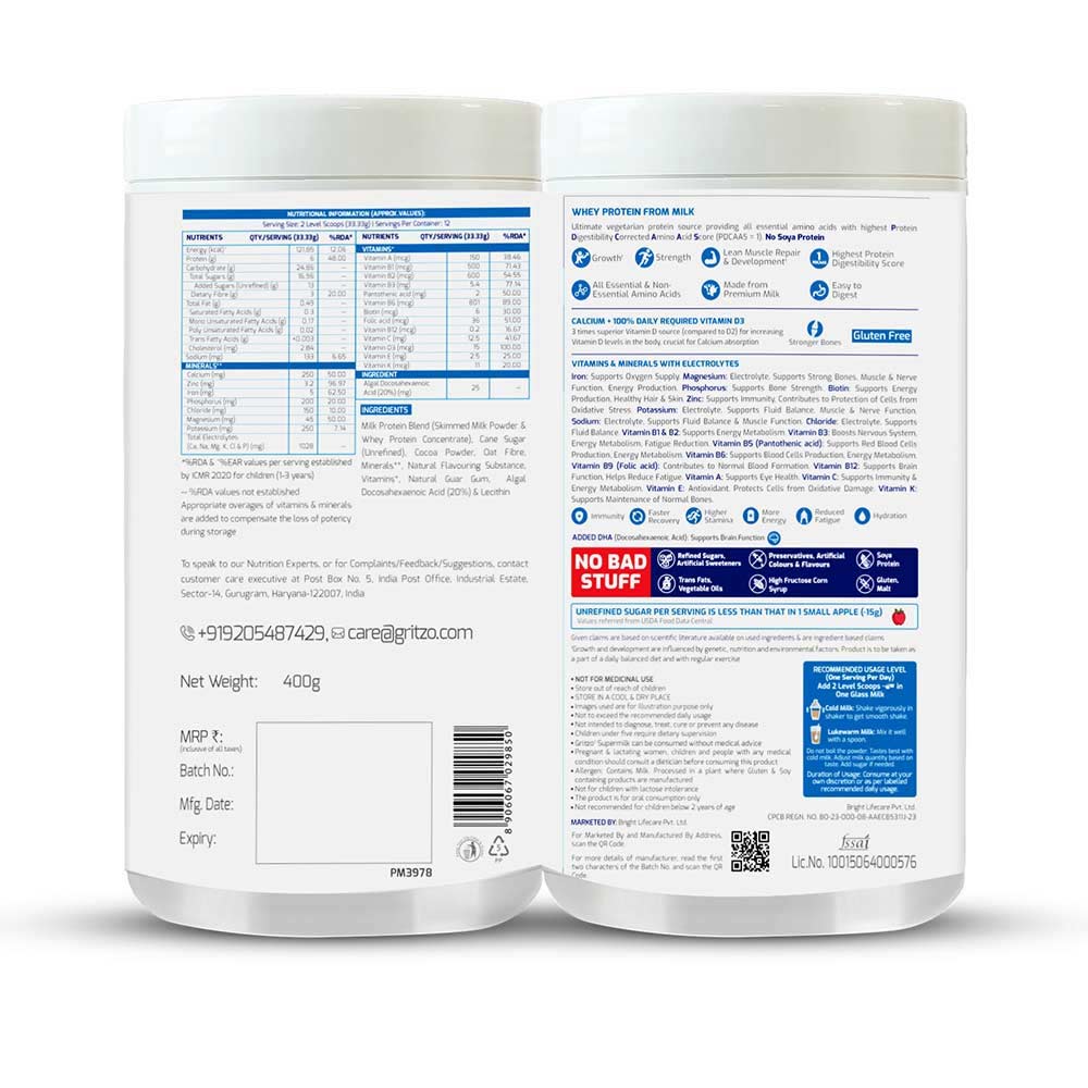 4 - Supermilk Gritzo Overall Growth for Boy/Girl 2-6 Yrs Protein & Nutrition Drink Mix OP,  400 g  Double Chocolate 