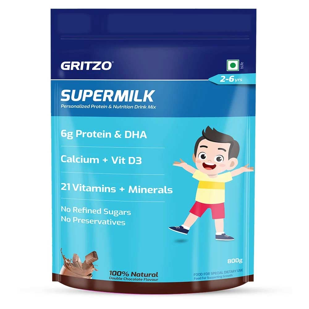 2 - Gritzo Supermilk for 2-6 Yrs Protein & Nutrition Drink Mix OP,  1 kg  Natural Double Chocolate 