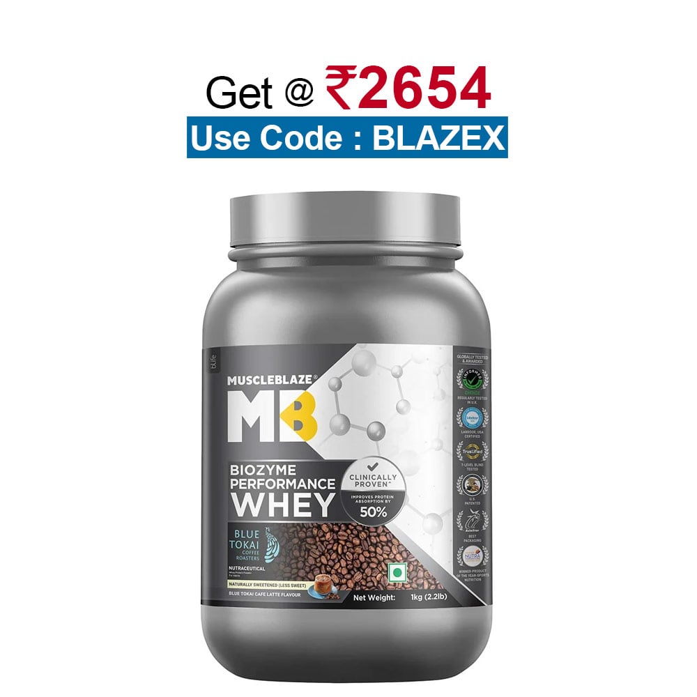 MuscleBlaze Biozyme Performance Whey, 2.2 lb Blue Tokai Cafe Latte