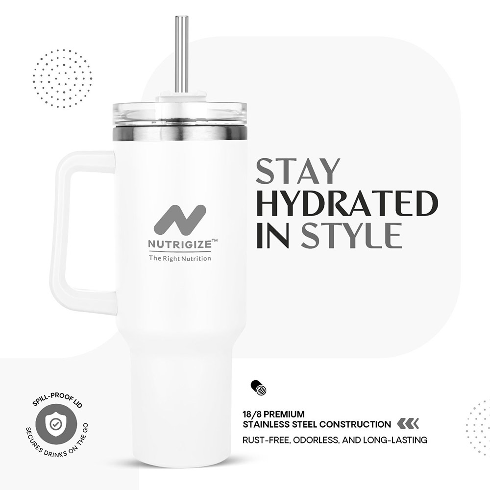 4 - GHC Nutrigize Stainless Steel Tumbler Hot and Cold with Handle and Steel straw,  White  1.2 L 