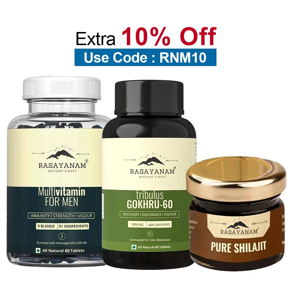 Rasayanam Pure Himalayan Shilajit 20g, Tribulas Gokhru-60 60 Tablets & Multivitamin for Men Combo,  60 tablet(s)  Unflavoured 