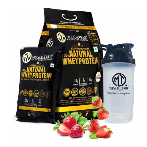 1 - Muscle Trail Gold Standard Series 100% Natural Whey Protein,  60 sachets/pack  Strawberry (with Free Shaker Inside) 