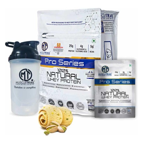 1 - Muscle Trail Pro Series 100% Natural Whey Protein,  50 sachets/pack  Kulfi Pista (with Free Shaker Inside) 