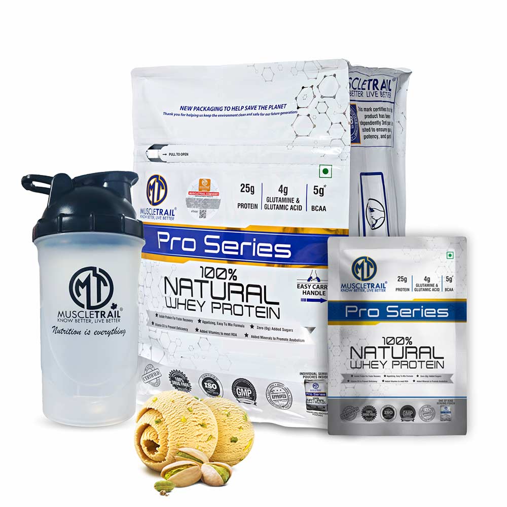 1 - Muscle Trail Pro Series 100% Natural Whey Protein,  50 sachets/pack  Kulfi Pista (with Free Shaker Inside) 