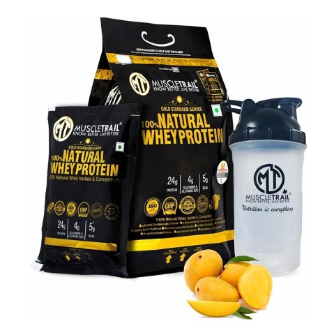 1 - Muscle Trail Gold Standard Series 100% Natural Whey Protein,  60 sachets/pack  Mango (with Free Shaker Inside) 
