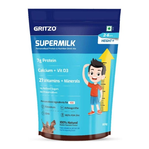 1 - Supermilk Gritzo Height+ for Boy/Girl 2-6 Yrs Personalized Protein & Nutrition Drink Mix,  800 g  Double Chocolate 