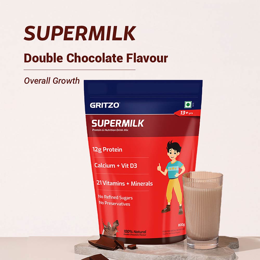 2 - Supermilk Gritzo Overall Growth for Boy 13+ Yrs Protein & Nutrition Drink Mix,  1 kg  Double Chocolate