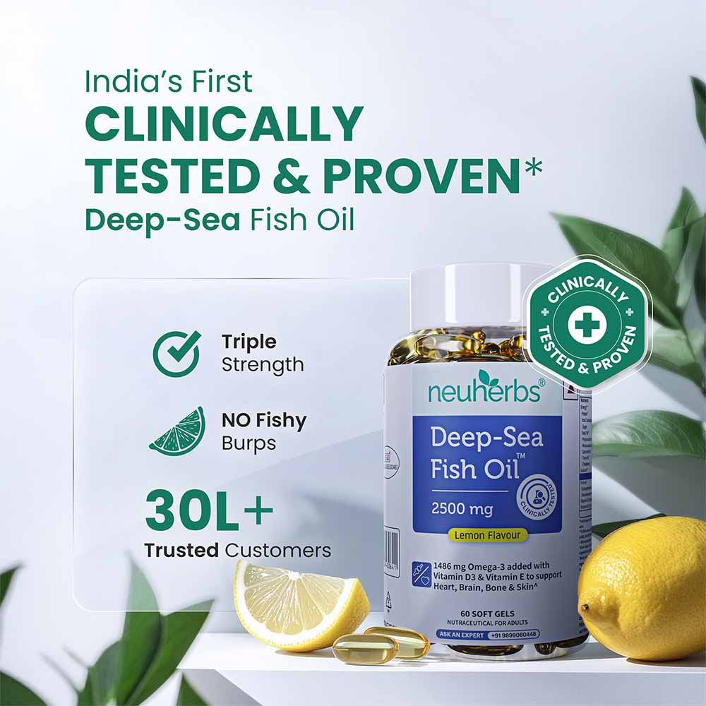 6 - Neuherbs Omega 3 Deep Sea Fish Oil for Heart, Brain & Bone Lemon Flavour,  60 softgels 