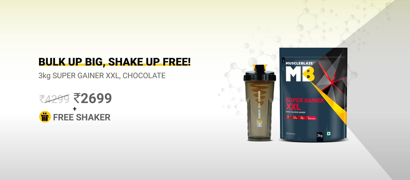 MuscleBlaze Super Gainer XXL Weight Gainer, 3 kg (6.6 lb), Chocolate @ 2699 + Free Shaker