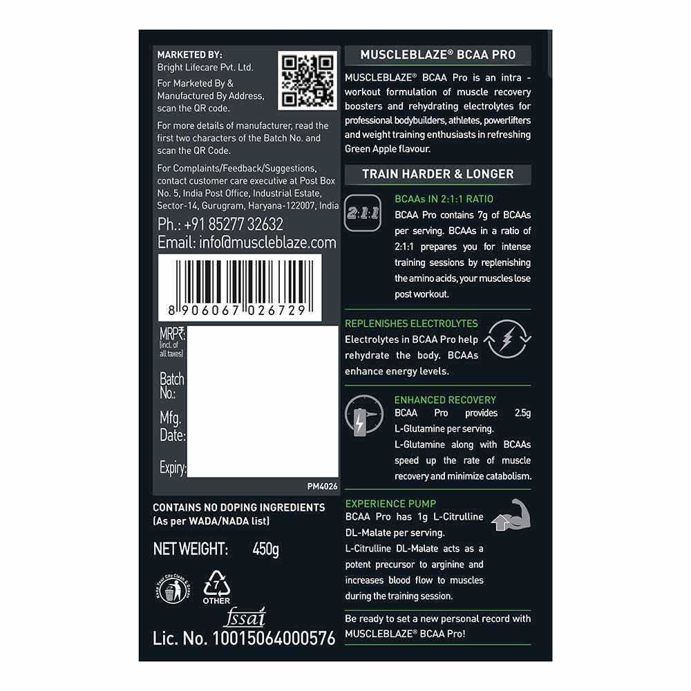 1 - MuscleBlaze BCAA Pro,  0.99 lb  30 Servings  Green Apple 