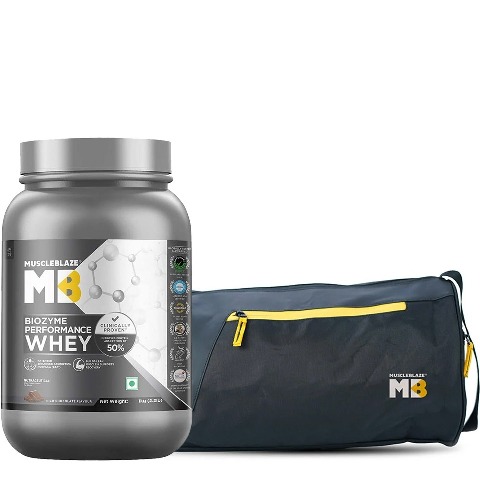 MuscleBlaze Biozyme Performance Whey 1kg Rich Chocolate & Gym Bag Combo