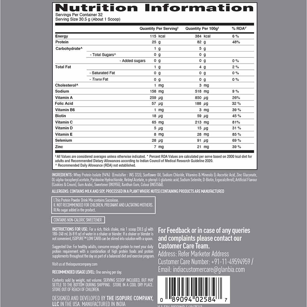 8 - Isopure 100% Whey Protein Isolate with Less Than 1.5 Grams Carbs,  2.2 lb  Cookies & Cream 