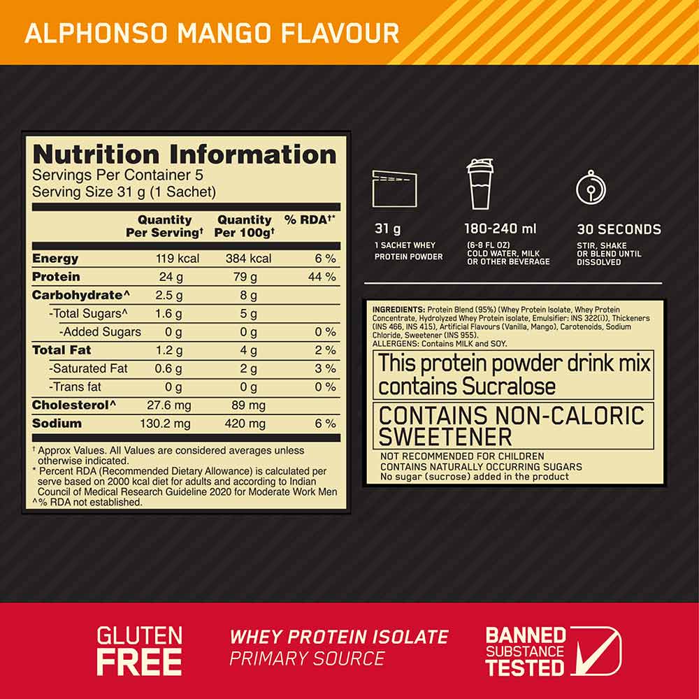 10 - ON (Optimum Nutrition) Gold Standard 100% Whey Protein,  5 sachets/pack  Alphonso Mango 
