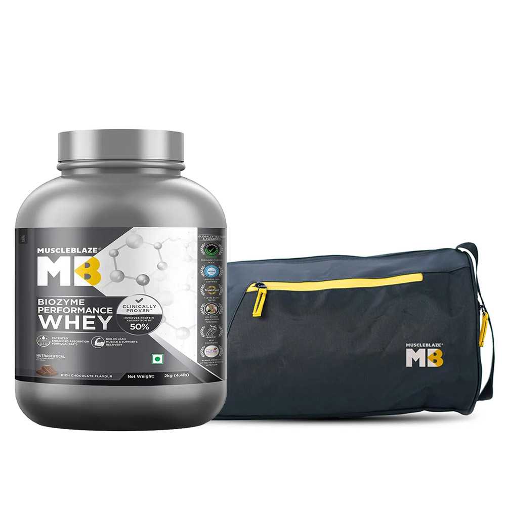 MuscleBlaze Biozyme Performance Whey 2 kg Rich Chocolate & Gym Bag Combo-picture-26
